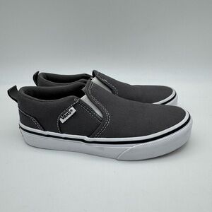 Vans 1Y Gray White classic Canvas slip on Shoes kids youth 1 sneakers No Tie EUC